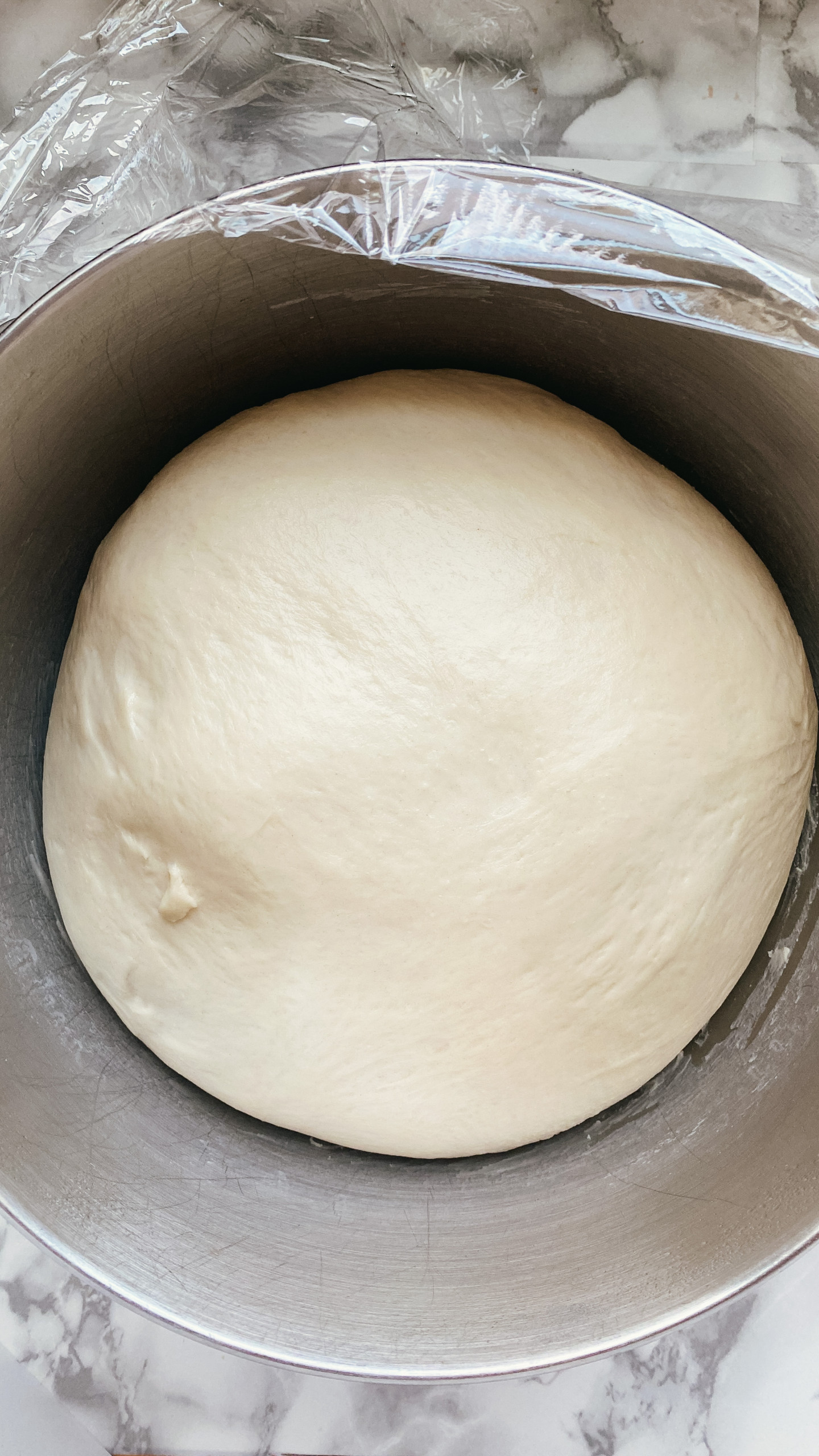 A ball of risen dough in a bowl.