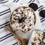 Oreo ice cream in a bowl with an oreo cookie on top with a text title.