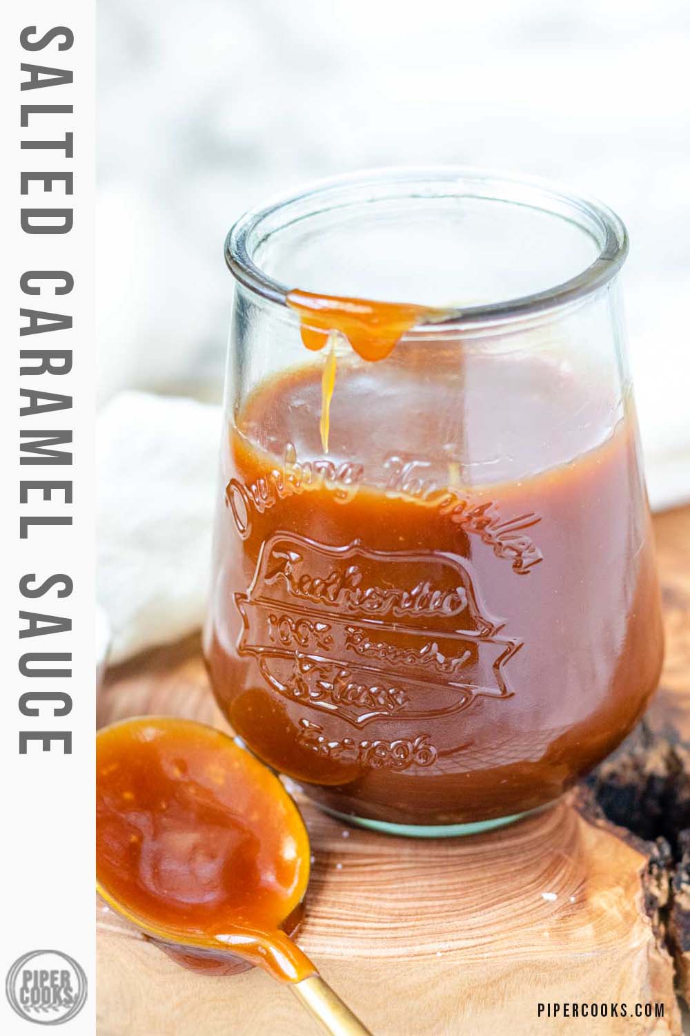 Caramel sauce in a glass with a text title for Pinterest.
