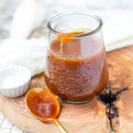 Caramel sauce in a glass.