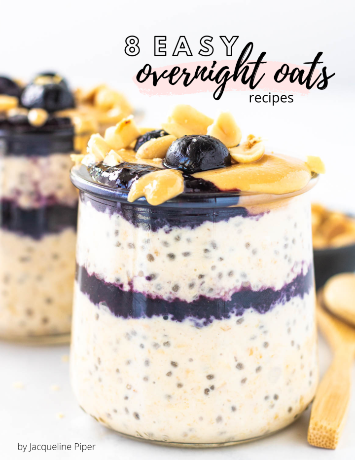 Cover for 8 Overnight Oats recipes ebook with a clear cup of oats with ejam and peanuts.