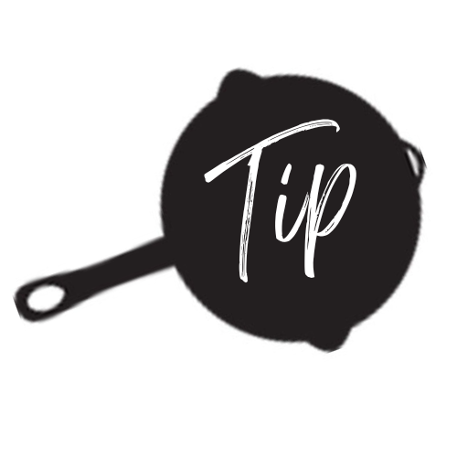 An icon with a black cast iron skillet and the word Tip in white handwritten font.