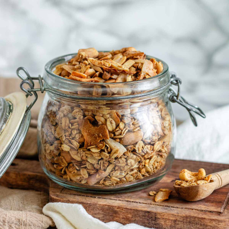 Granola in a glass jar.