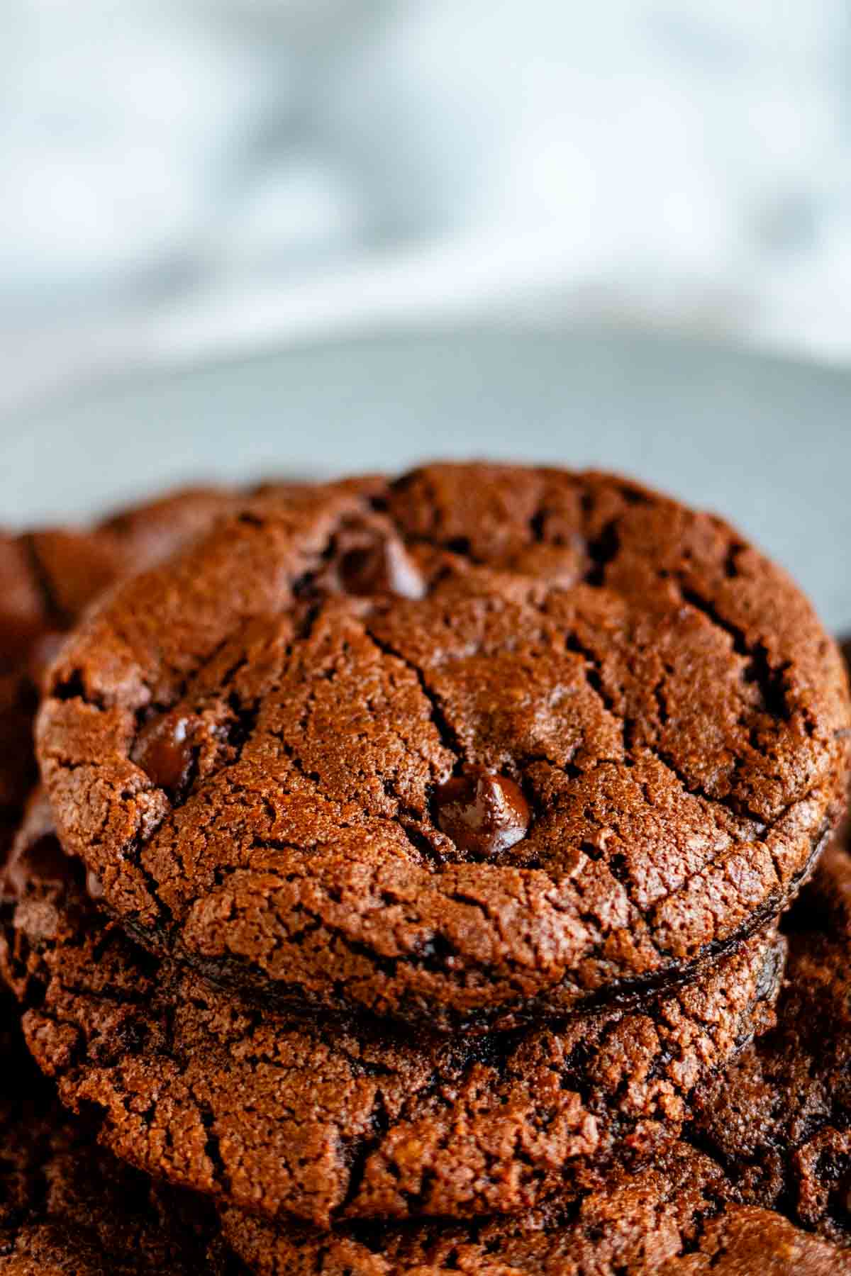 A plate of chocolate chocolate chip cookies.