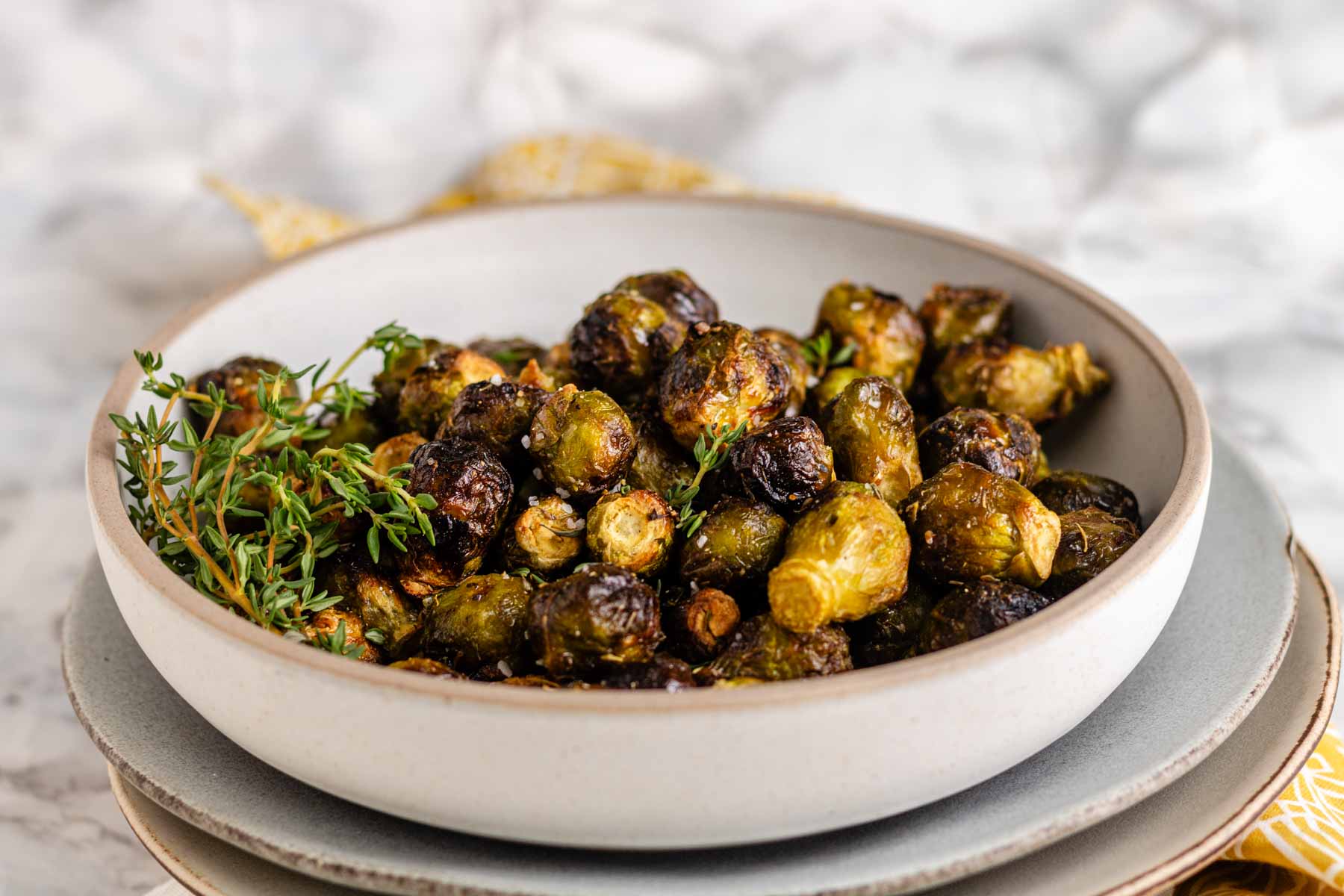 Roasted Brussels sprouts in a bowl.