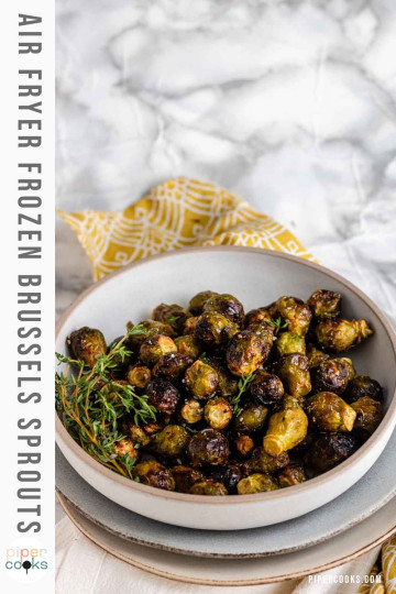 Roasted Brussels sprouts in a bowl with text for Pinterest.