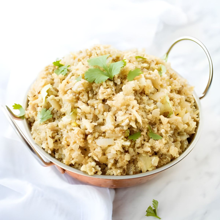 Cauliflower rice garnished with cilantro in a metal serving bowl.