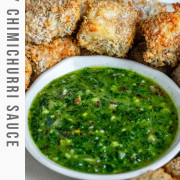 Bright green chimichurri sauce in a bowl surrounded by air-fried breaded paneer with a text title for Pinterest.