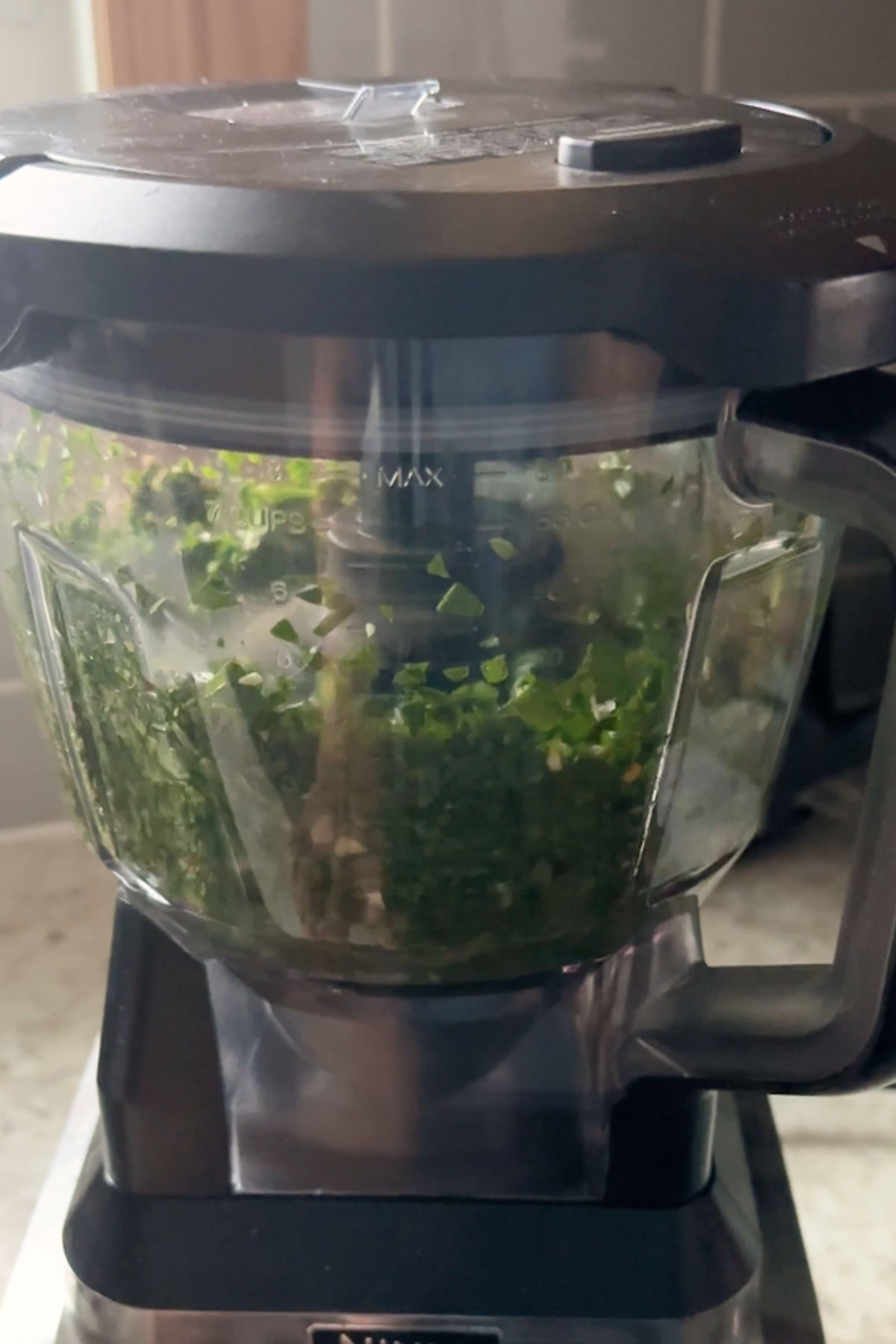 A green sauce is blended in a food processor.