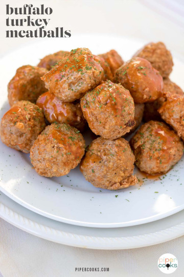 Buffalo turkey meatballs on a plate with text for Pinterest.