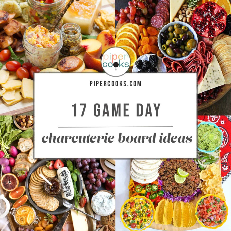 A 4-image collage of charcuterie boards with the words 17 Game Day Charcuterie Board Ideas.