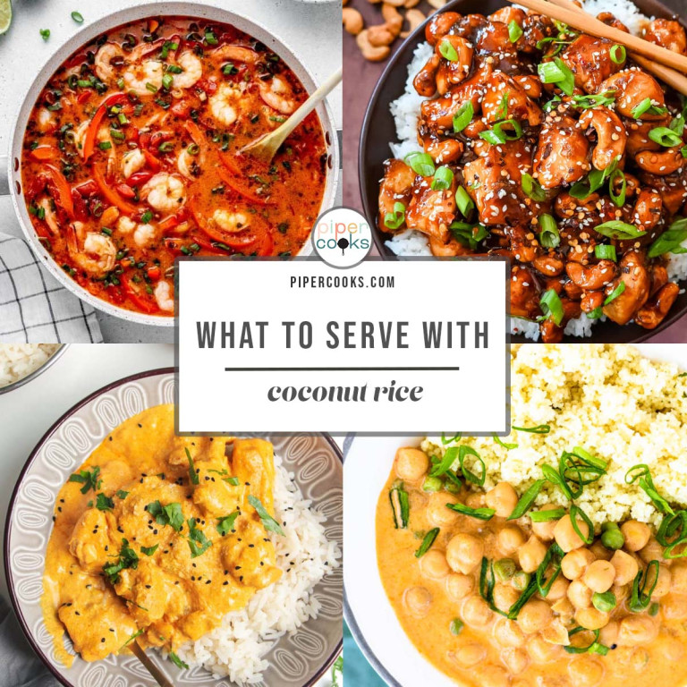 A 4-image collage of recipe photos with the words what to serve with coconut rice.