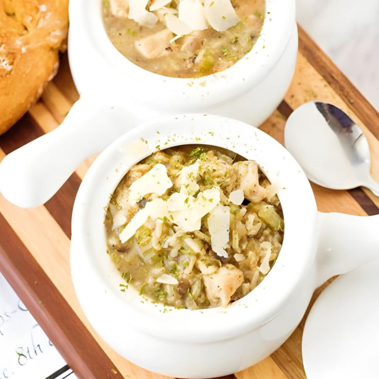 Chicken, rice, and mushrooms in a white pot with a handle.