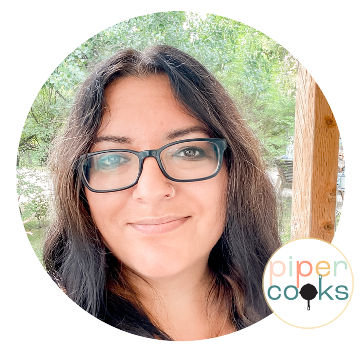 Profile photo of a brunette woman wearing glasses with a text logo 'pipercooks' where the second o is a cast iron pan.