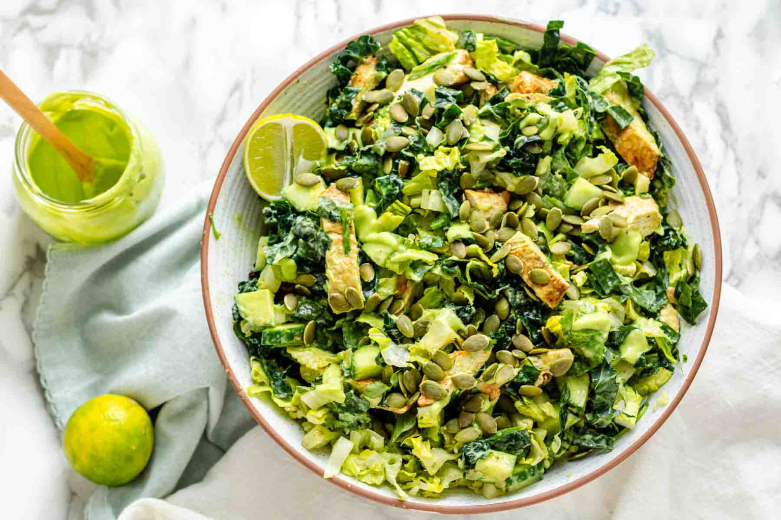 Kale Chicken Salad with Avocado Cilantro Dressing - Piper Cooks