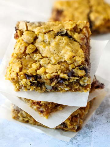 Stacked Peanut Butter Oat and Chocolate Chip Cookie squares.