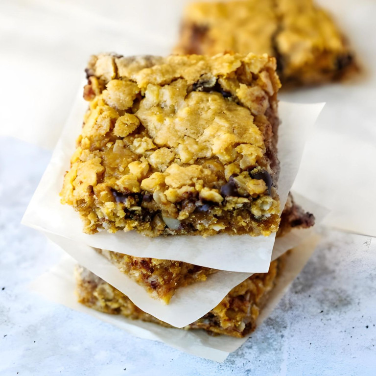 Stacked Peanut Butter Oat and Chocolate Chip Cookie squares.