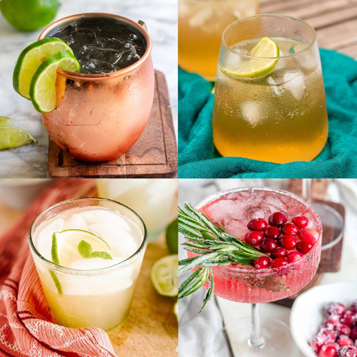 A 4 photo collage of cocktails.