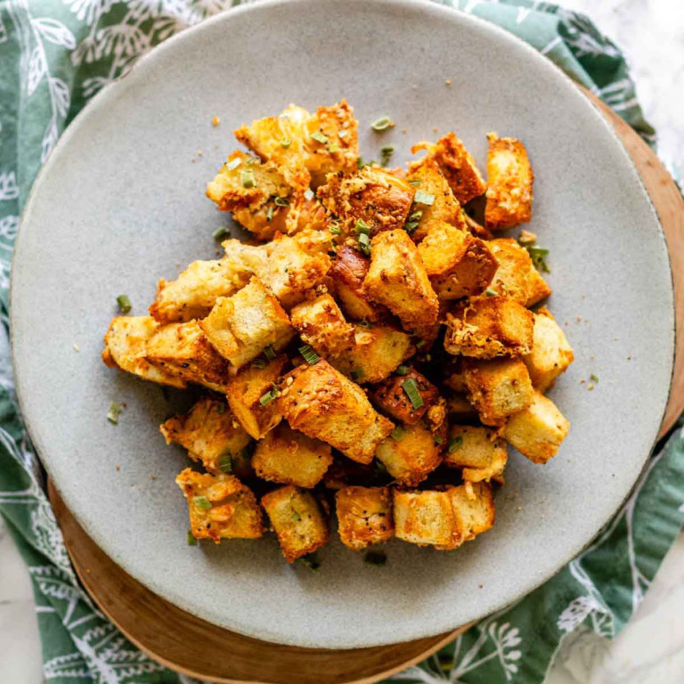 Croutons on a plate.