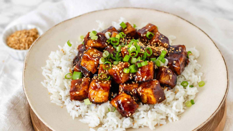 Sauced tofu in a bowl with rice.