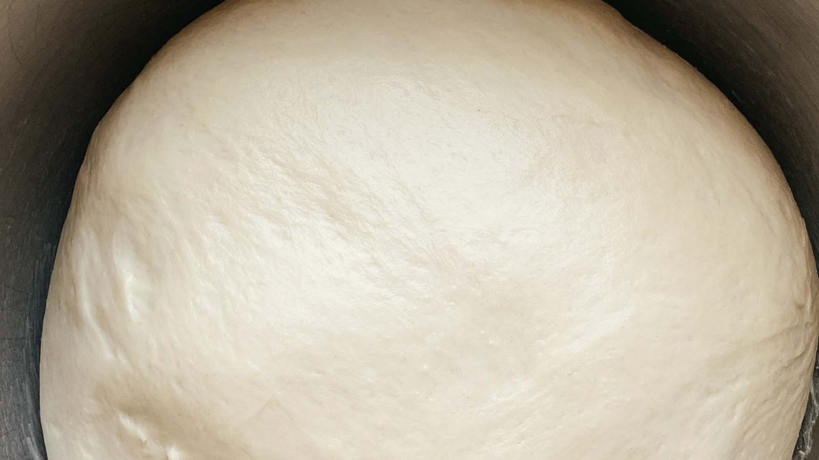 Pizza dough in a bowl.