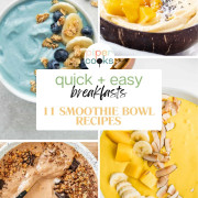 A 4-photo collage of food photos with the text delicious breakfasts 11 smoothie bowl recipes.