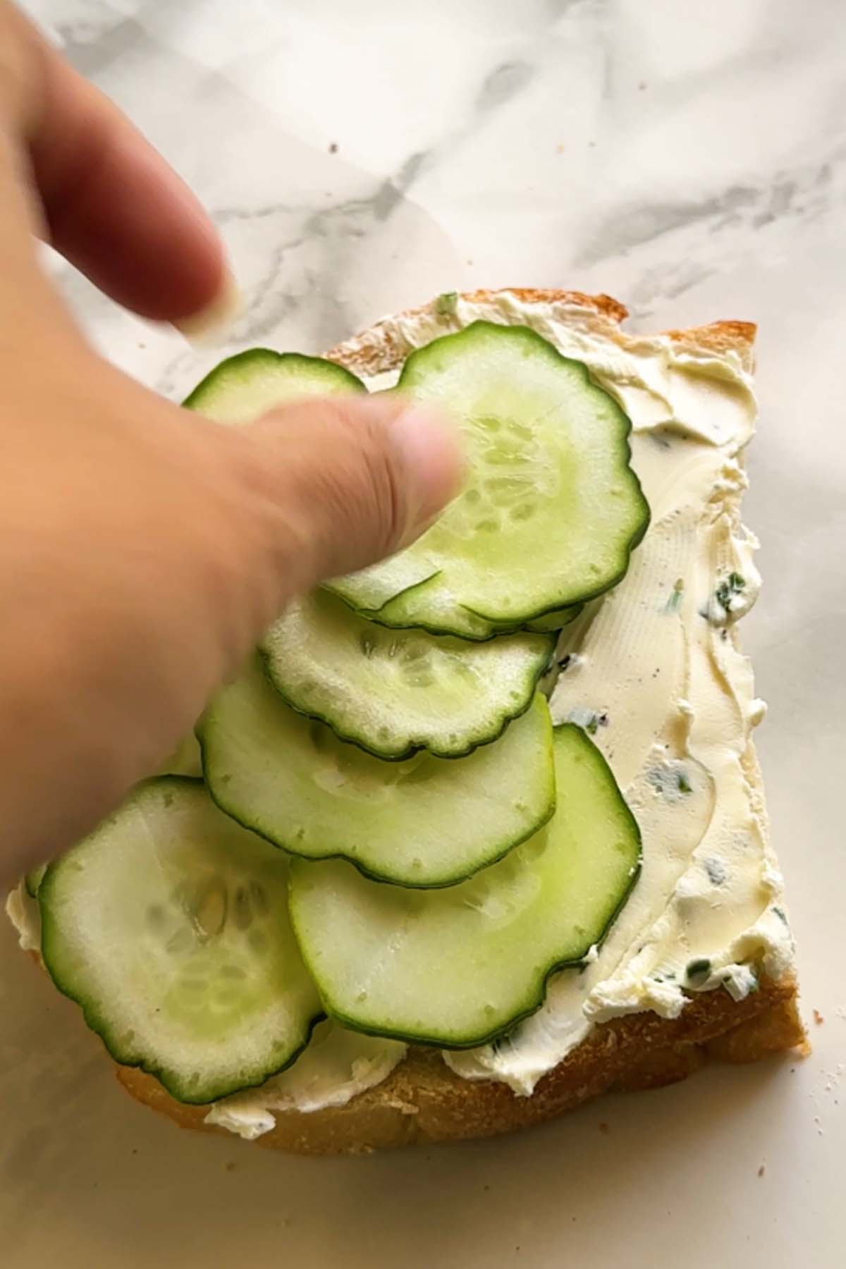 Cucumbers sliced are placed on bread with ream cheese on it.