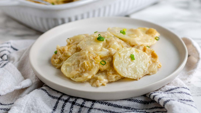Sliced potato bake on a plate.