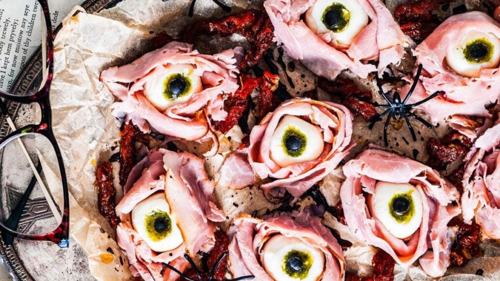 An antipasto tray for Halloween where the cheese and ham are made to look like eyeballs.