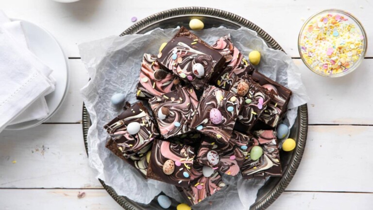 Brownies with easter candies as a topping on a plate.