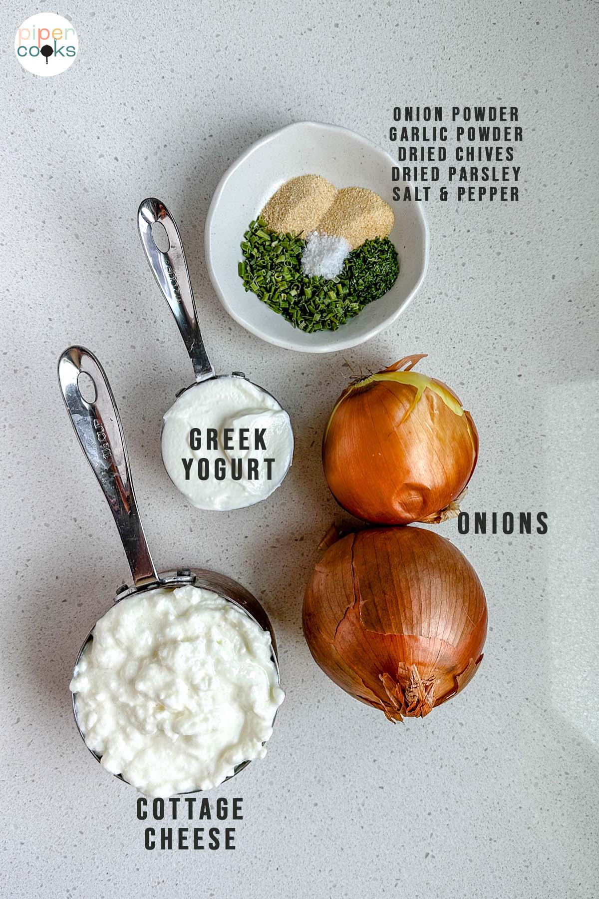 Ingredients for a recipe labeled onion powder, garlic powder, dried chives, dried parsley, salt & pepper, Greek yogurt, onions, and cottage cheese.