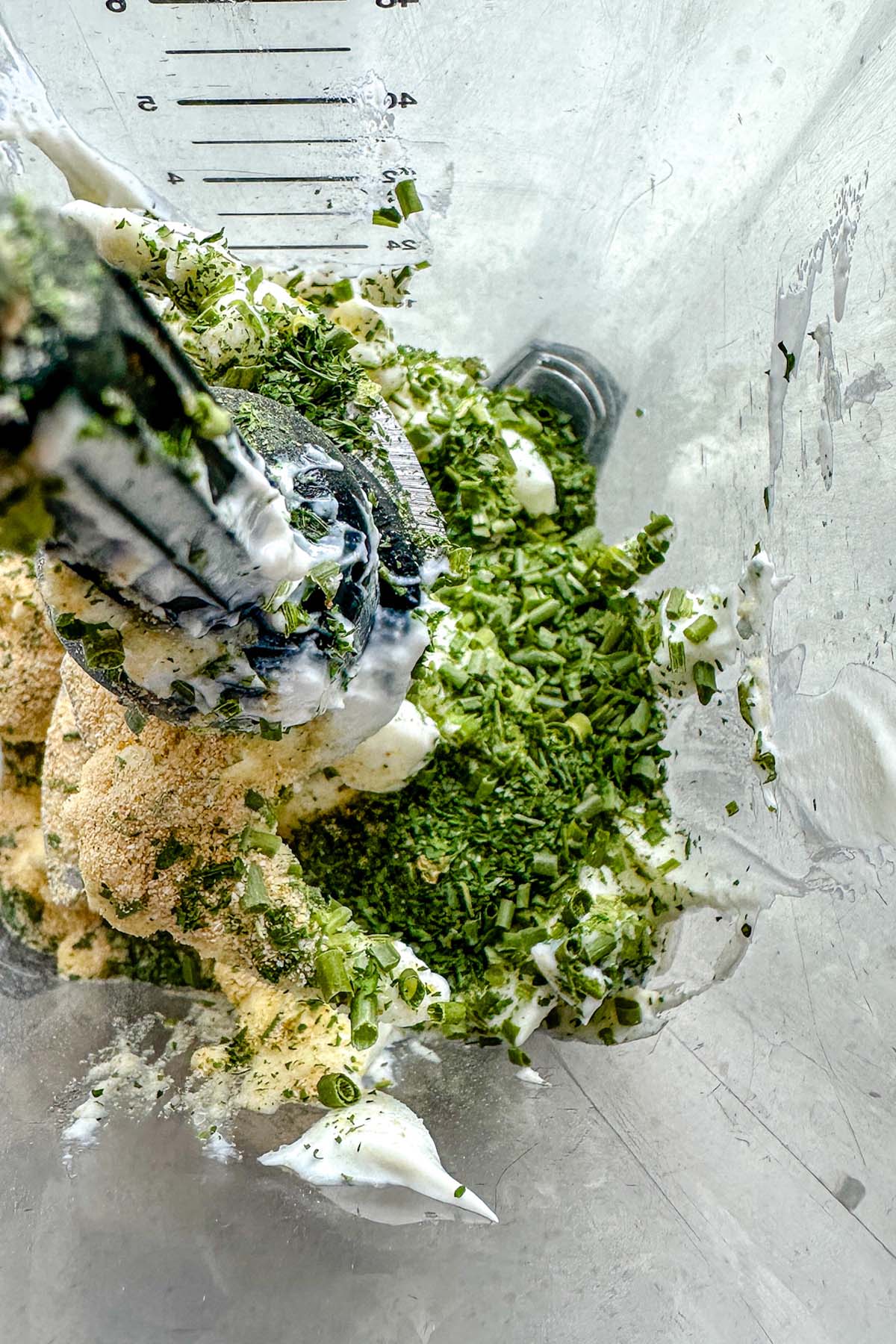 Yogurt and dried spices and herbs in a blender jar.