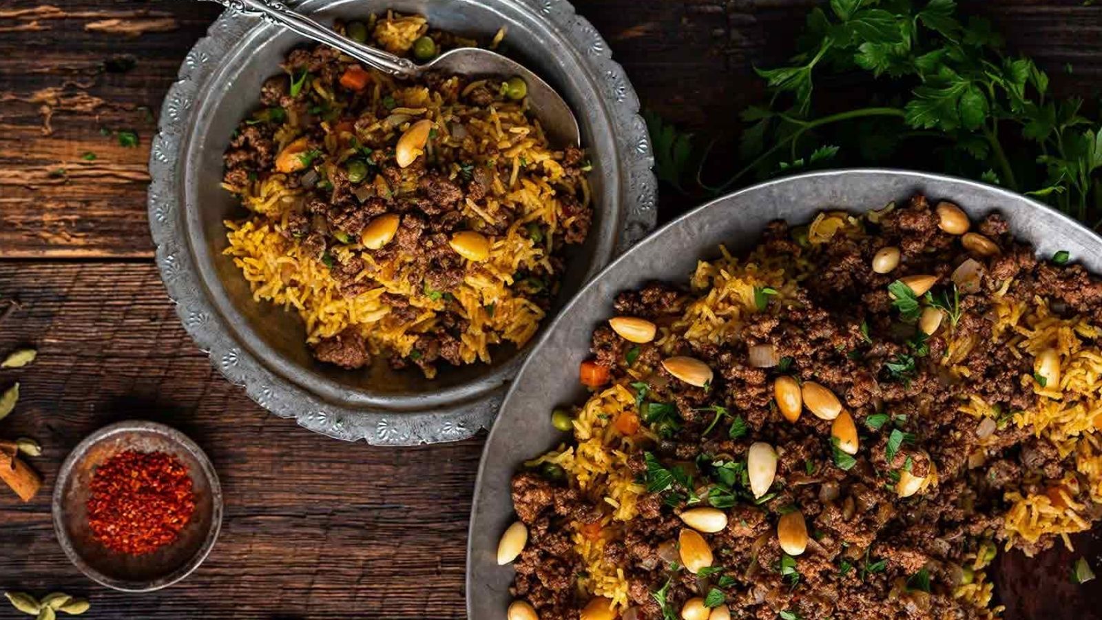 A spiced rice dish on a plate.