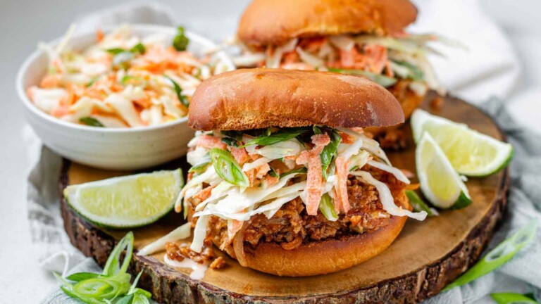 Buns filled with shredded bbq tofu and slaw.