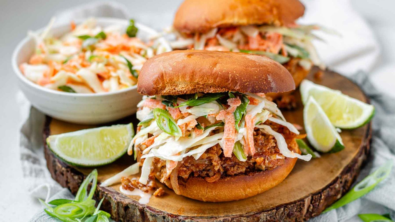 Buns filled with shredded bbq tofu and slaw.