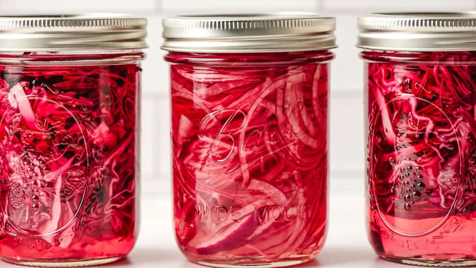 Pickled red cabbage in jars.