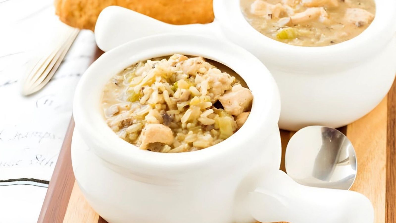 A rice and chicken dish in white mini pots.