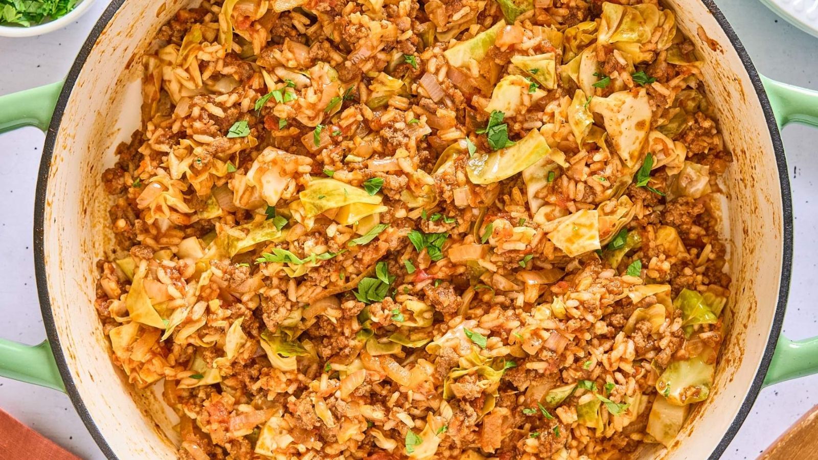 Cabbage and rice in a cast iron pot.