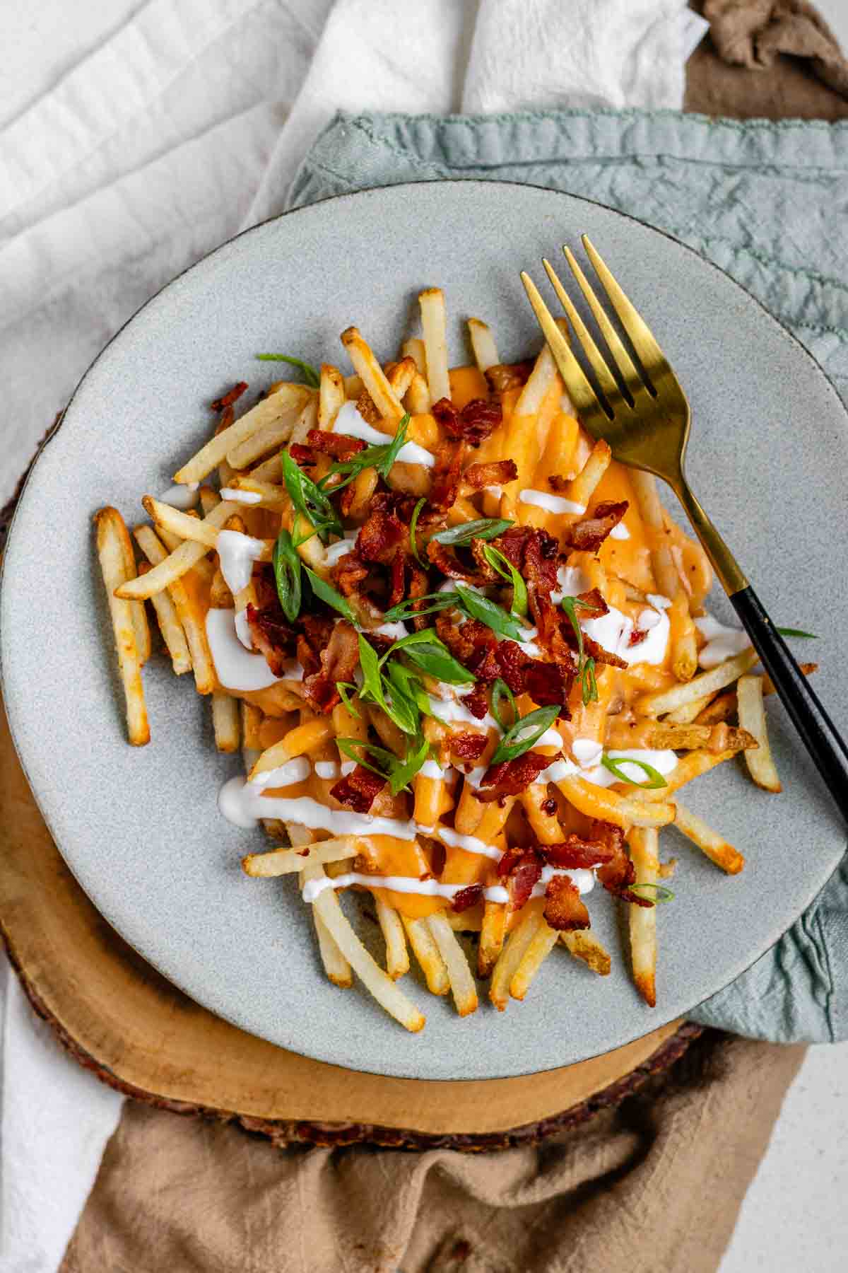 Fries on a plate topped with cheese sauce, a yogurt drizzle, crispy bacon, and sliced green onions.