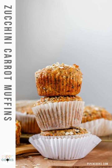 Three muffins stacked with the text zucchini carrot muffins.