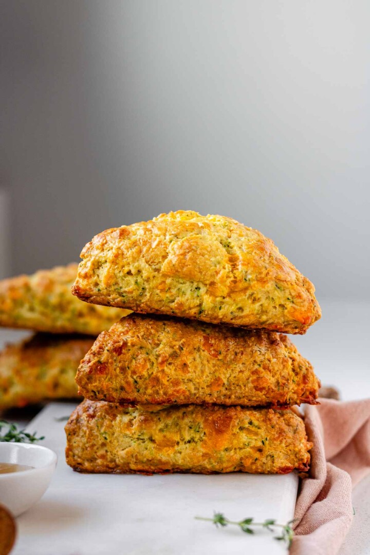 Stacked cheese scones.
