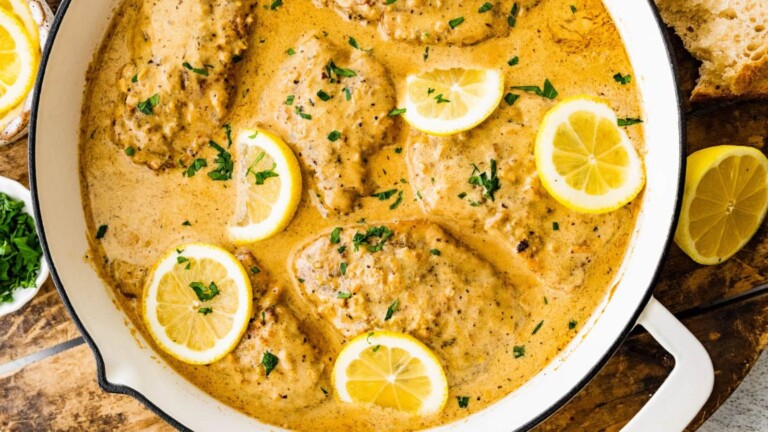 Chicken in a yellow sauce.