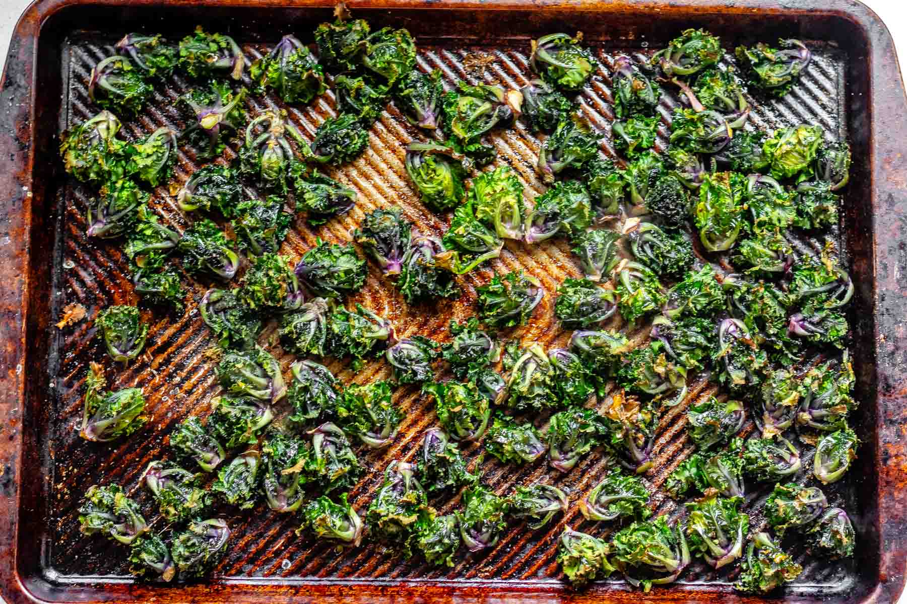 Roasted kalettes on a baking sheet with crispy edges.