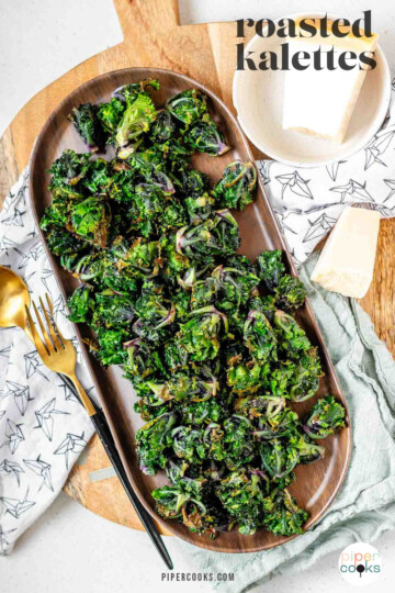 Roasted kalettes on a platter with the text roasted kalettes.