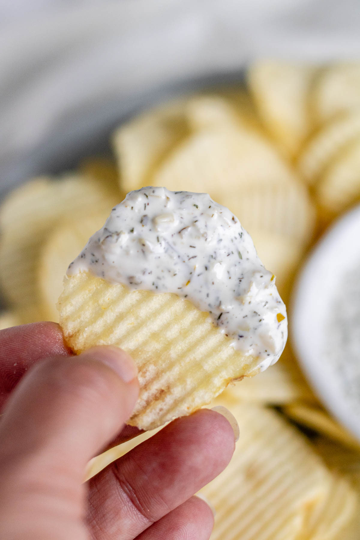 A handheld chip with a herby dip on the end of it.