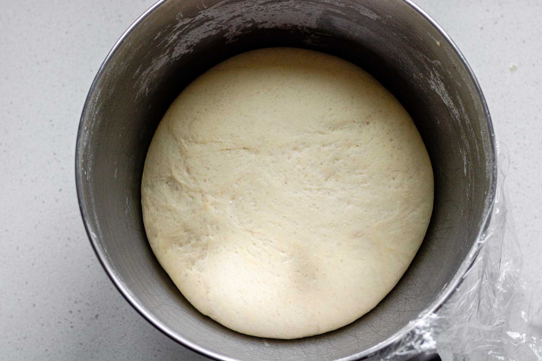 Risen dough in a mixing bowl.