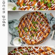 A collage of three images of flatbread topped with lines of cooked meat and cheese, drizzled with yogurt sauce, and scattered with cilantro leaves, with the words lahmacun pide.