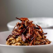 A bowl of rice and lentils, topped with crispy onions with the words how to make mujaddara.