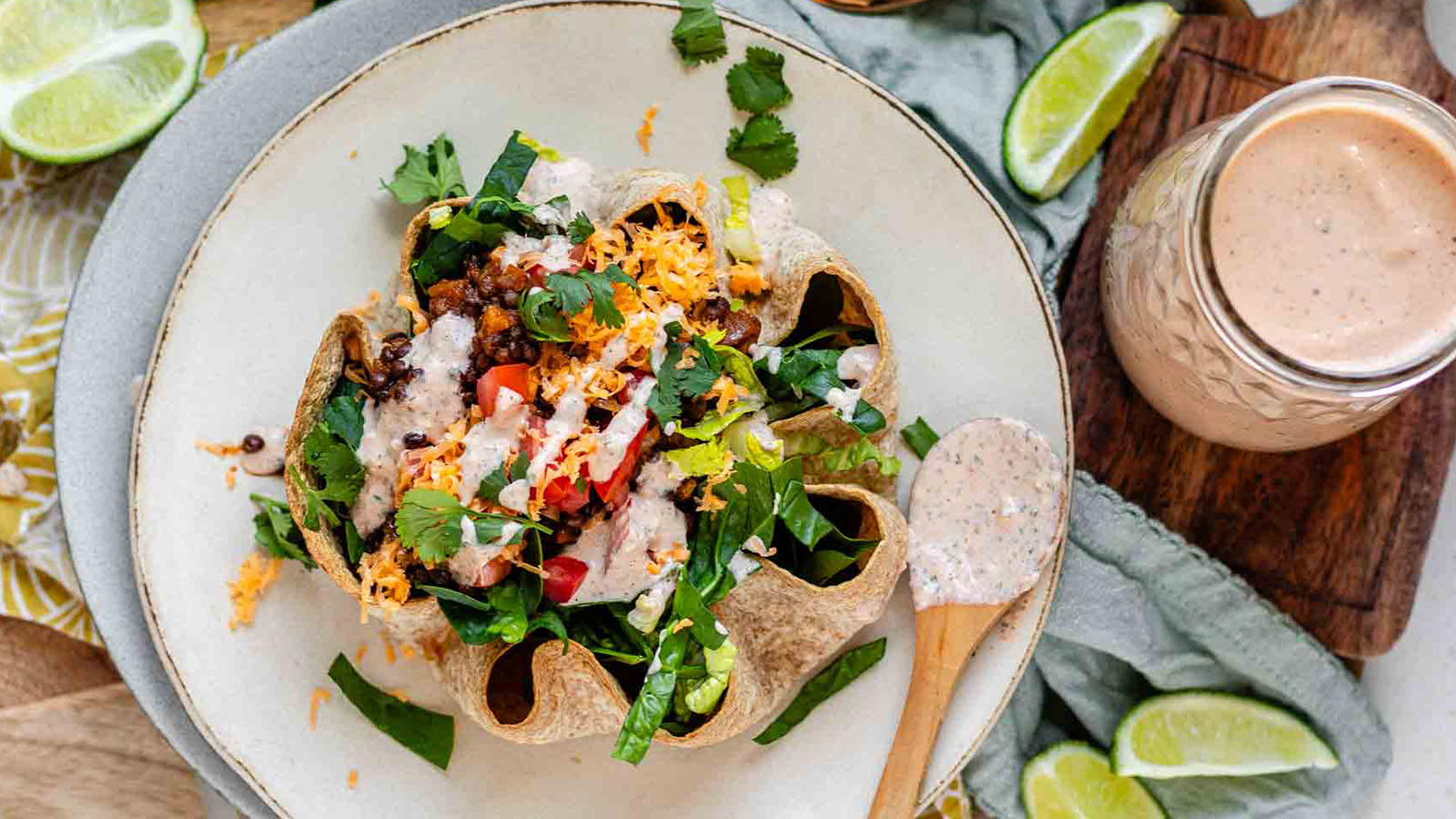 Taco salad in a tortilla bowl.