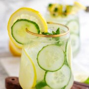 A cocktail garnished with lemon and cucumber slices and fresh mint.